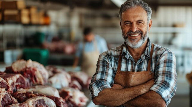 A cheerful butcher stands confidently in his market, showcasing quality cuts of meat in a friendly atmosphere, representing tradition and artisan craftsmanship.