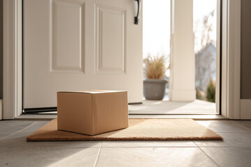 Unbranded cardboard box on welcome mat in front of modern white door