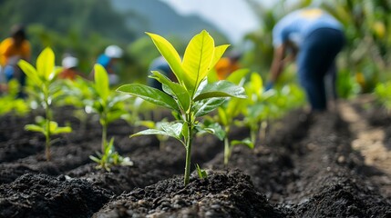 Young Plant Sprouting in Rich Soil During Community Planting Event