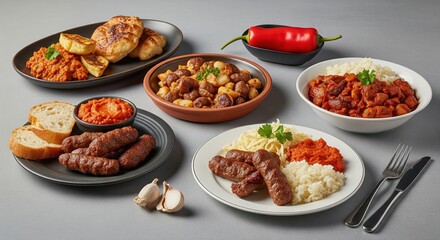 Balkan Cuisine Still Life: Cevapi, Ajvar, and Traditional Dishes on a Neutral Background