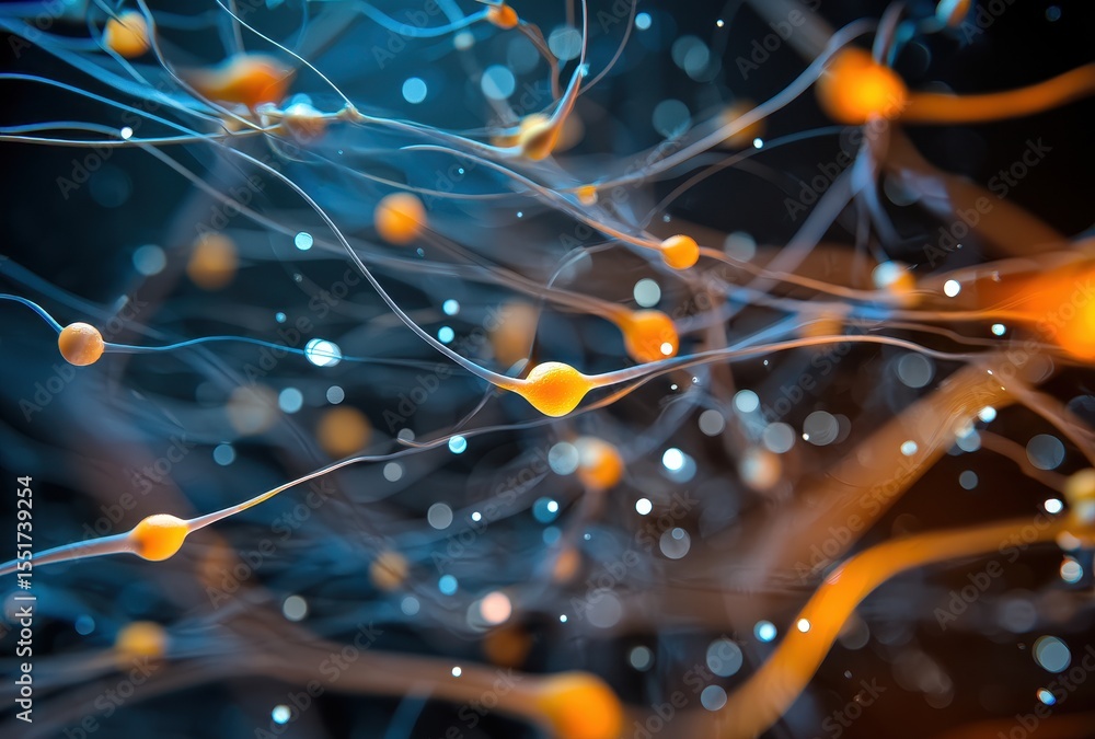 Poster abstract representation of organic cells and neurons in vibrant colors with glowing particles depict