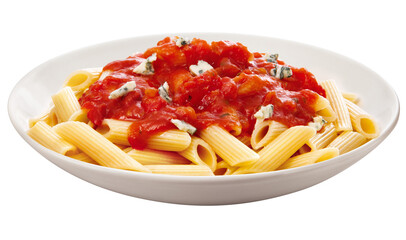 prato com macarrão ao molho de tomates frescos acompanhado de queijo gorgonzola isolado em fundo transparente