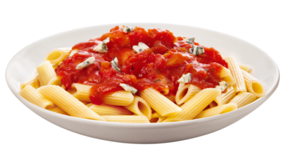 prato com macarrão ao molho de tomates frescos acompanhado de queijo gorgonzola isolado em fundo transparente