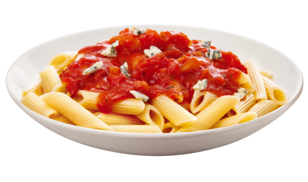 prato com macarrão ao molho de tomates frescos acompanhado de queijo gorgonzola isolado em fundo transparente