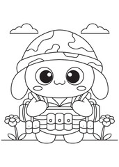 Coloring book turtle dressed in a camouflage helmet and military gear