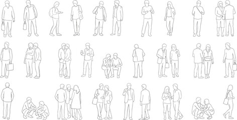 People talking, walking, interacting, outline style, casual figures, line art, sketch design, hand drawn, standing characters, minimal concept

 flat vector illustration