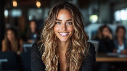 Fototapeta premium A stunning woman with a warm smile sits in a modern office, radiating confidence and professionalism, representing empowerment and success in the corporate world.