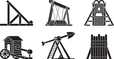 Black and white vector icons of siege weapons and medieval structures history