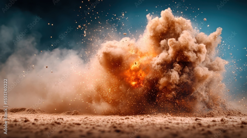 Poster an intense explosion scene showing vibrant fire and smoke rising from the ground, creating a chaotic