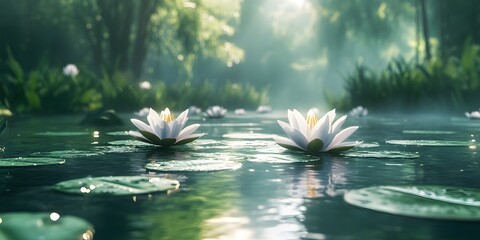 Serene Water Lilies on Tranquil Pond Surrounded by Lush Greenery