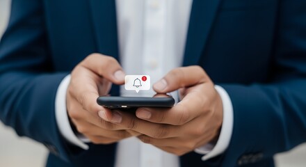 Person in blue suit using smartphone with notification icon