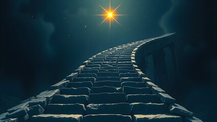 Staircase leading to the star. 3d rendering. Computer digital drawing.