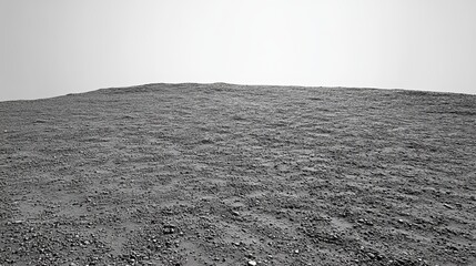A grayscale image shows a desolate, rocky landscape, possibly extraterrestrial, with a gently sloping hill under a bright, hazy sky. 