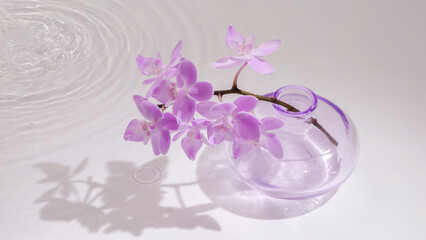 pink orchid flower in a glass vase near transparent water source with sunlight reflections, floral concept for beauty spa, body care, cosmetics and wellbeing