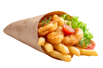 Delicious fried fish and chips in a paper cone.