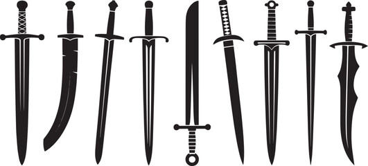 Collection of black sword silhouettes on white background weapon blade © MC Creative