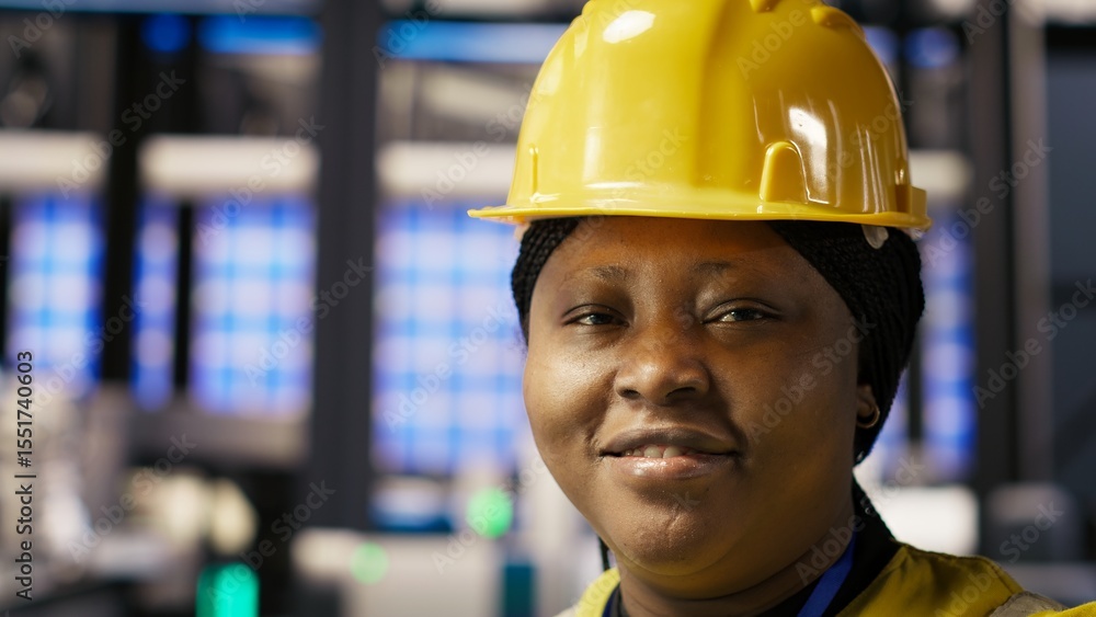 Aufkleber happy engineer in smart photovoltaics factory looking at system performance metrics. smiling worker 