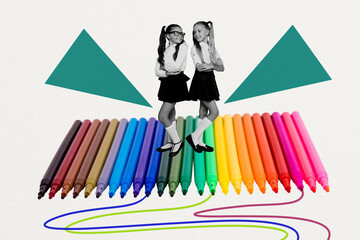 Creative full artwork collage of two happy schoolgirls classmates stand colorful felt pen supplies...