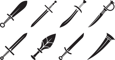 Collection of Eight Black Sword Silhouettes on White Background weapon blade