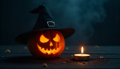 An orange pumpkin wearing a black witch hat with a glowing candle beside it, set against a dark night background, creating a spooky Halloween atmosphere.