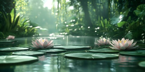 Serene Water Lily Pond in Lush Green Tropical Forest