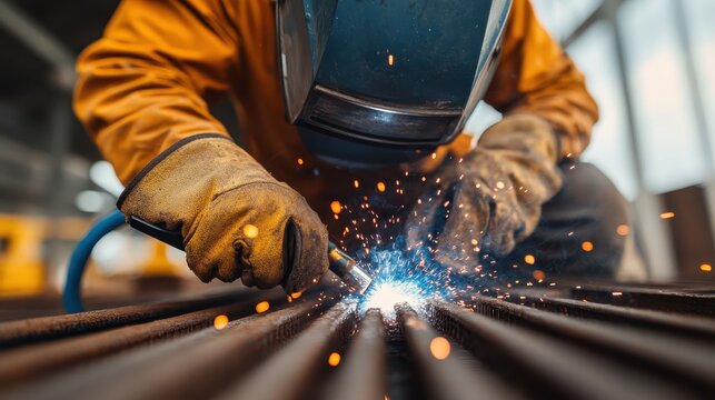 A dedicated welder in protective gear intensely focuses on the welding process, capturing the dynamic movement of sparks against the rugged surface of metal, showcasing craftsmanship. - Powered by Adobe