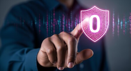 Person touching digital shield with zero and binary code