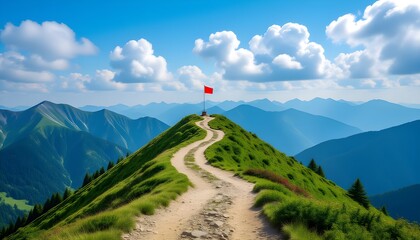 Beautiful mountain landscape with red flag on the top of the mountain
