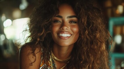 Fototapeta premium A cheerful woman with curly hair and a warm smile poses in a vibrant setting, exuding confidence and joy, embodying positivity and beauty in everyday life.