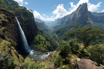 Breathtaking View of Majestic Waterfall Surrounded by Lush Green Mountains Under Bright Blue Sky and Fluffy White Clouds in Remote Wilderness