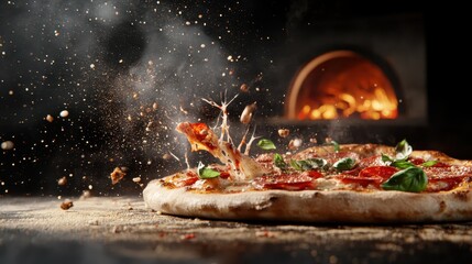 An action-packed shot of a pizza bursting with toppings and cheese, freshly pulled from a wood-fired oven, conveying the excitement and artistry of Italian cuisine.