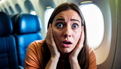A young Caucasian woman with long brown hair looks anxious while sitting on an airplane. She has her hands on her face, expressing fear or concern.