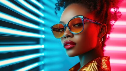 A stylish model wearing vibrant sunglasses poses against striking neon light stripes, showcasing modern fashion and confidence in a colorful urban setting.