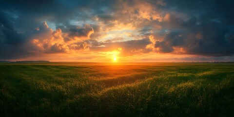 Sunset over Golden Fields with Dramatic Sky and Cloud Patterns