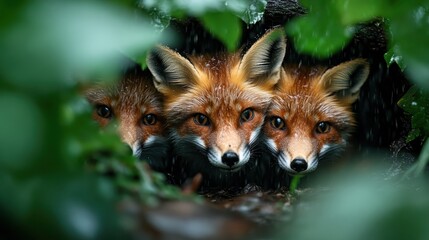 Fototapeta premium Three adorable foxes peeking out from behind green leaves, embodying the charm and playfulness of wildlife in their natural habitat.