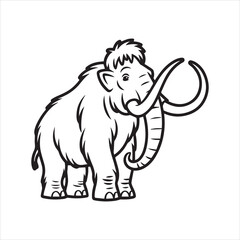 Mammoth Line Art Illustration for Coloring and Education,Cartoon Mammoth Outline Drawing Vector,Woolly Mammoth Black and White Sketch Style,Cute Mammoth Vector Outline for Kids,Hand Drawn Mammoth Side