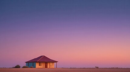 Remote Lodge Under Vast Pastel Sky in a Quiet Desert Landscape