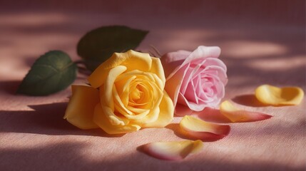 Gentle Duo of Yellow and Pink Roses with Fallen Petals in Soft Light