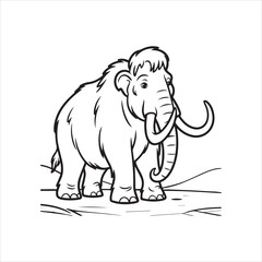 Mammoth Line Art Illustration for Coloring and Education,Cartoon Mammoth Outline Drawing Vector,Woolly Mammoth Black and White Sketch Style,Cute Mammoth Vector Outline for Kids,Hand Drawn Mammoth Side