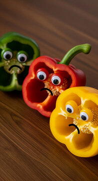 Naklejki Three halved bell peppers with googly eyes form a sad, humorous scene on wood surface, showcasing creative food photography or quirky concept