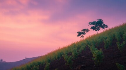 Serene Saplings Growing on a Hillside at Pastel Sunset Sky