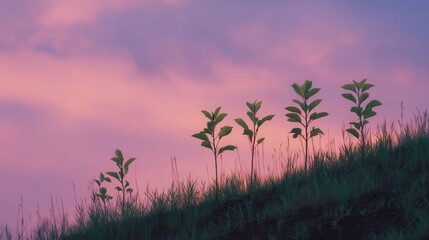 Saplings Planted on a Hillside Under a Pastel Sky at Sunset