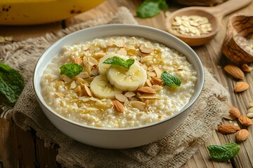 Delicious Oatmeal Bowl with Bananas, Almonds, and Mint Garnish