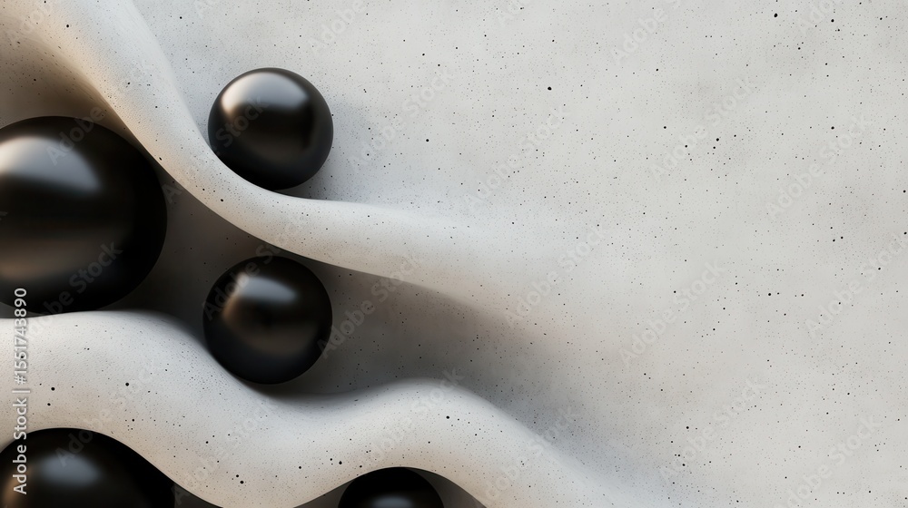 Poster an artistic visualization featuring black spheres embedded in a flowing white surface, creating a un