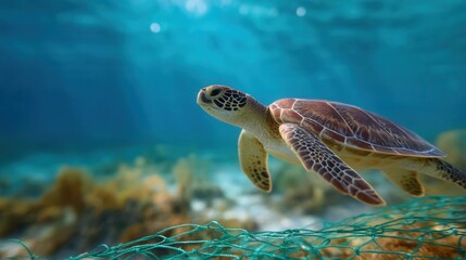 Sea Turtle Gliding Gracefully Through Clear Waters Near Ocean Floor