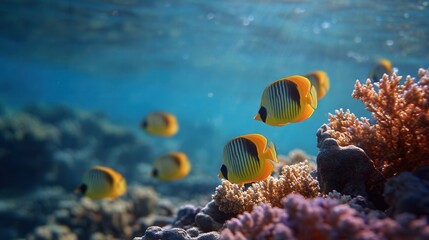 Vibrant Butterflyfish Swimming Through Coral Reef Underwater Scene