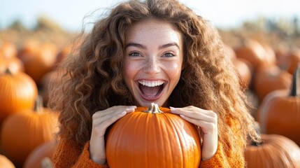 A joyful girl smiles widely while holding a bright orange pumpkin in a pumpkin field, symbolizing autumn vibes, harvest time happiness, and family fun during festive seasons.