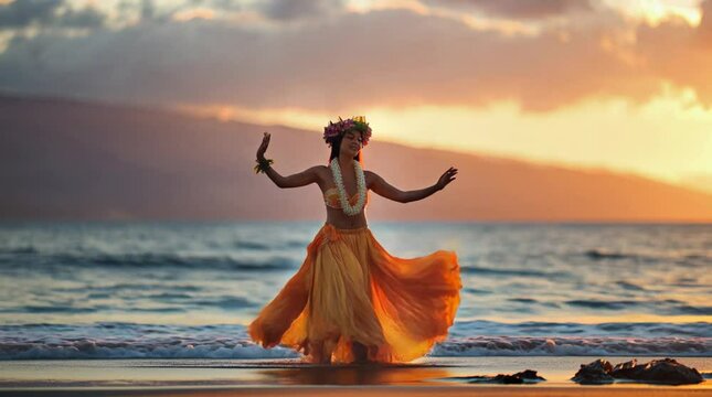Hawaiian Hula Dancer Spinning at Ocean Sunset in Floral Attire During Traditional Island Ceremony