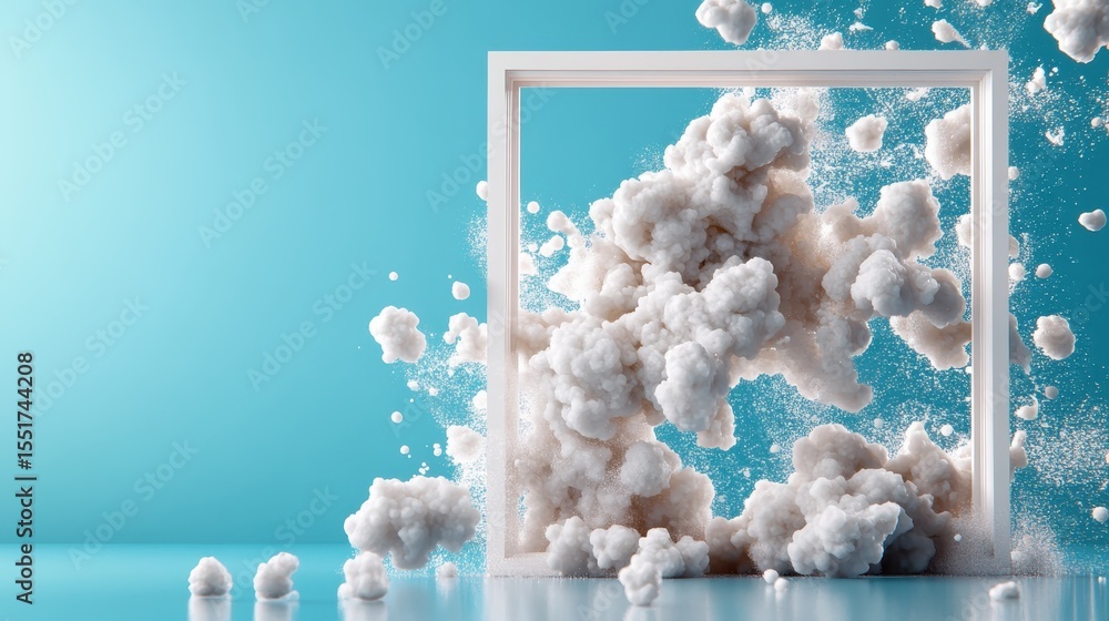 Poster an artistic representation of a vibrant explosion of clouds bursting from a picture frame, symbolizi