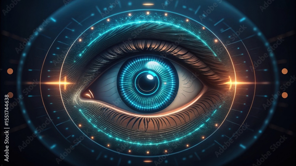 Poster a futuristic blue eye with digital circuits and glowing elements symbolizing technology and advanced